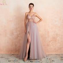 Pink Beaded Prom Dresses Plus Size 2021 Long Elegant See Through A Line Split Tulle V Neck Spaghetti Strap Evening Gown 2024 - купить недорого