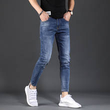 Calça jeans masculina fina, azul, stretch de verão, slim fit, comprimento no tornozelo, estilo coreano, cor pura 2024 - compre barato