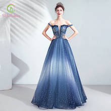 SSYFashion New Luxury Blue Evening Dress Banquet Shining Sequins Appliques Boat Neck Floor-length Prom Formal Gowns Vestidos 2024 - buy cheap