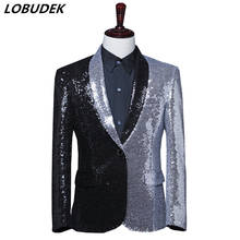 Sequins Tuxedo Blazer Men's Black Silver Splicing Shawl Collar Suit Jacket Evening Party Stage Singer Host Performance Slim Coat 2024 - buy cheap