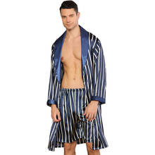 Striped Navy-Blue Men's Sleepwear Bathrobe Set 2PCS Male Satin Nightgown Pajama Nightwear Robe халат мужской пижама Pijamas 2024 - buy cheap