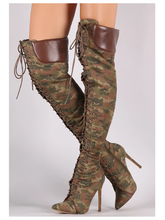 Mkkhou sobre o joelho botas femininas de tubo longo nova camuflagem de inverno apontou toe cruz-laço stiletto 12cm de salto alto botas longas 2024 - compre barato