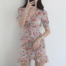Elegant Print Floral Dress Women Korean Style Sweet Chiffon Sexy Mini Dress Female Chic Designer Slim Casual Holiday Dress 2021 2024 - buy cheap