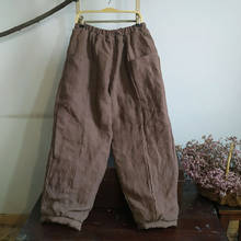 Женские плотные широкие брюки Johnature, льняные винтажные брюки с эластичным поясом и карманами на зиму 2020 2024 - купить недорого