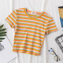 Nova camiseta listrada de arco-íris, blusa feminina slim fit, camiseta harajuku, verão, manga curta, camiseta coreana, roupas tops 2024 - compre barato