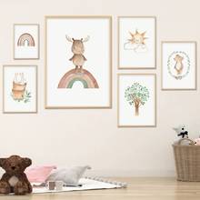 Pintura en lienzo de dibujos animados para decoración de habitación de niños, pósteres nórdicos de arcoíris, conejo, ciervo, ardilla, arte de pared 2024 - compra barato