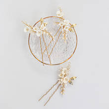 Delicate Porcelain Flower Wedding Hair Pins Pearls Jewelry Gold Leaf Bridal Headpiece Handmade Hair Accessories For Women 2024 - buy cheap