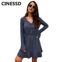 CINESSD-vestido informal de manga larga con cuello en V para mujer, Vestido corto azul marino con botones, cintura alta, acampanado, de punto, para fiesta de cóctel 2024 - compra barato