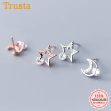 Trustdavis 100% 925 Sterling Silver Dazzling Asymmetric Moon Star CZ Stud Earrings For Daughter Girls Xmas Wedding Gift DT65 2024 - buy cheap