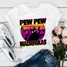 Camiseta feminina estampada pew pew madafakas, preta, com arma, engraçada, dia das bruxas, top premium, camiseta básica feminina 2024 - compre barato