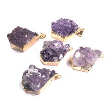 1PC Natural Stone Agates Quartz Crystal Charms Amethysts Pendants Gold-plated for Jewelry Making Nacklace Bracelet Size 20x35mm 2024 - buy cheap