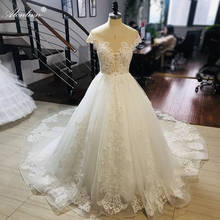 Alonlivn princesa a linha vestido de casamento com capela trem com laço de renda de manga curta vestido de casamento 2024 - compre barato