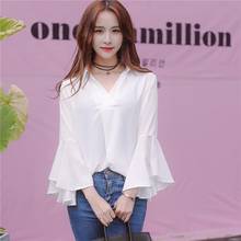 Women 2021 Spring Fashion Solid Color Chiffon Shirt Female V-neck Loose Blouses Ladies Long Sleeve Casual Ruffled Shirts J179 2024 - buy cheap