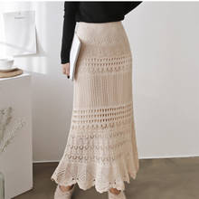 High Quality Korean New Fashion Womens Autumn Long Skirt Hollow Out Knitted Maxi Skirt Chic Elasticity Waist Crochet Skirt 2024 - buy cheap