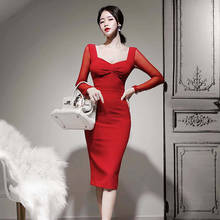 Женское тонкое облегающее вечернее платье с длинным рукавом, женское однотонное весеннее платье, Hiver Femme, Сетчатое лоскутное красное платье с глубоким v-образным вырезом 2024 - купить недорого