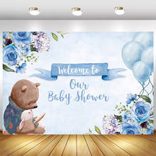 Bem-vindo ao nosso chá de fraldas fotografia backdrops urso mãe azul flores decoração recém-nascido crianças festa foto fundos 2024 - compre barato