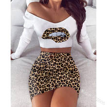 AyLosi Women Two Piece Sets Sexy V-neck Mouth Print Long Sleeve Tops Leopard Mini Skirts Casual Streetwear Lounge Wear Clothes 2024 - buy cheap