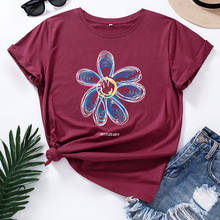 Criativo flor sorriso impressão mulher tshirts 2020 nova moda streetwear senhoras topos grande tamanho de algodão manga curta camiseta femme 2024 - compre barato