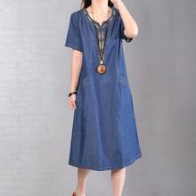 2021 Summer New Ethnic Embroidered Denim A-line Dress Vintage Loose Short Sleeve Ladies Jeans Dress Casual With Pocket Vestidos 2024 - buy cheap