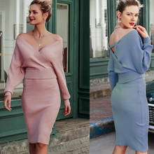 Conjunto de saia de malha com decote em v, 2 peças de vestido suéter azul de manga morcego para outono e inverno, vestido rosa para mulheres 2024 - compre barato