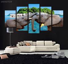Póster moderno de elefante con paisaje de isla, pintura en lienzo para decoración del hogar, sala de estar, dormitorio, arte de pared de animales, 5P, impresión HD 2024 - compra barato
