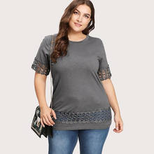 5XL Plus Size Casual Blouse Women 2020 Summer O Neck Short Sleeve Lace Patchwork Blouse Grey Ladies Tunic Tops 2024 - buy cheap