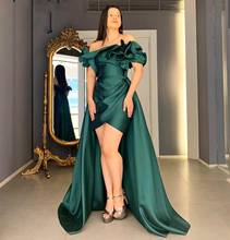 Satin Evening Dress Green Front Short Long Back Court Train 2021 Women Formal Party Gowns Prom Unique Top Design Short Sleeve 2024 - buy cheap