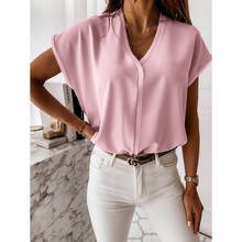 Blusa informal de manga corta para mujer, camisa elegante con cuello en V y manga de murciélago, Tops holgados rosas, nueva moda de verano 2024 - compra barato