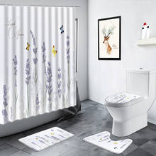 Roxo lavanda flores cortinas de chuveiro borboleta simples floral planta folhas verdes decoração do banheiro tapete antiderrapante banho esteiras conjunto 2024 - compre barato
