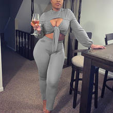 Fashion Women Long-Sleeve Skinny Autumn Jumpsuit Romper Sexy Hollow Out Front Tie Lace Up Solid Black Gray Streetwear Outfits 2024 - buy cheap