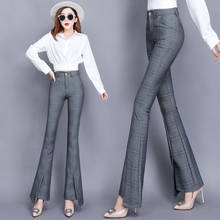 Брюки женские клетчатые с завышенной талией, офисные узкие брюки с широкими штанинами, винтажные Капри для офиса и работы, расклешенные штаны 2024 - купить недорого