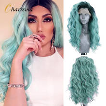 Peruca longa ondulada feminina, peruca de cabelo sintético tipo lace frontal com ombré verde, raízes escuras e resistente ao calor 2024 - compre barato