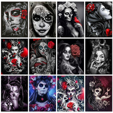 Huacan Diamond Painting Set Horror Girl Mosaic Skull Woman Home Decor Embroidery Black Red Portrait Diamond Art 2024 - buy cheap