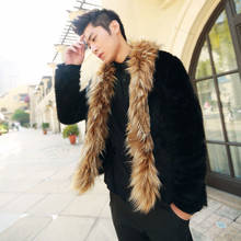 Retro Men's Fur Collar Coat Autumn Winter Solid Color Black Full Sleeve Faux Casual Thick Jacket Male Wild 2024 - buy cheap