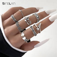 Sindlan 8Pcs Boho Geometric Silver Color Heart Rings for Women Charm Hollow Flower Letter Love Female Old Fashion Joint Jewelry 2024 - buy cheap