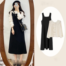 Korean Women Dress Suit] College Style Suit Mid-length Strap Dress + Doll Collar Shirt Two-piece Female 2024 - buy cheap
