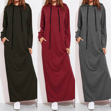 YRRETY Women Dress Solid Casual Long Sleeve Pockets Hooded Drawstring Gray Maxi Long Autumn Loose Red Black Clothes Vestidos 2024 - buy cheap