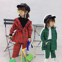 Spring Autumn girls 2 pcs set baby blouse + pants kids suit children fashion streetwear plaid check vintage lacing 3 to 13 yrs 2024 - buy cheap