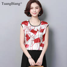 2020 Women Summer Print Satin Chiffon Shirts New Ladies Sleeveless Elegant Striped Square Blouse O-Neck Red Blue Loose Cool Tops 2024 - buy cheap
