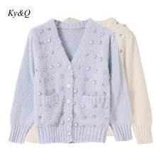 2021 Autumn Winter New V-Neck Knitted Cardigans New Design Gentle Elegant Women Diamonds Sweater Coat Button Long Sleeve Tops 2024 - buy cheap