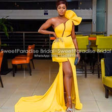 2020 Yellow Satin Mermaid Prom Dresses With Bow Appliques Sexy Side Split Long Sweep Train Women Formal Evening Dress Party 2024 - buy cheap