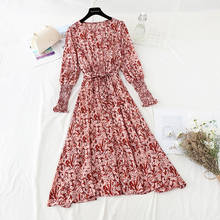 2021 New Floral Printed Chiffon Dresses Women's Spring Autumn Long-sleeved O-Neck High Waist Slim Long Dress Vintage Vestidos 2024 - buy cheap