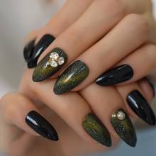 Conjunto de unhas falsas para manicure com efeito verde de olho de gato 3d, pontas de arte de camaleão, manicure com unhas falsas, 24 peças 2024 - compre barato