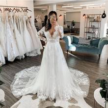 Princess Long Sleeve Wedding Dress A-Line V-Neck Court Train Lace Appliques Bridal Gown Stunning For Women Brides Robe De Mariee 2024 - buy cheap