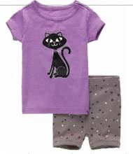 Conjunto de roupas feminino roxo gato 2-7 anos, pijama de verão para crianças manga curta, conjunto pijama infantil calças 2024 - compre barato