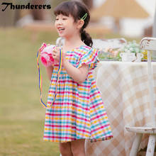 Crianças da criança do bebê meninas vestido voar manga arco-íris xadrez vestidos para menina moda a linha de verão roupas princesa vestido 2024 - compre barato
