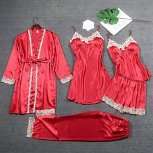 Camisola feminina cetim com alças finas, conjunto camisola sexy kimono roupa de dormir 5 peças 2024 - compre barato