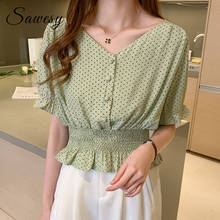 Polka dot moda casual coreano chiffon blusa feminina verão manga curta v pescoço peplum topo verde branco 2024 - compre barato