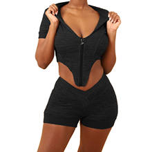 2Pieces Suit Casual Set Female Solid Color Short Sleeve Hooded Crop Tops with Zipper Short Pants Black S/M/L 2024 - buy cheap