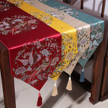 Clássico novo estilo chinês pássaros e flores corredor de mesa bordado vermelho mesa bandeira decoração para festa de casamento com borlas 2024 - compre barato